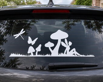 Fairy & Mushroom Car Decal – Whimsical Dragonfly Vinyl Sticker for Cars, Laptops and Windows