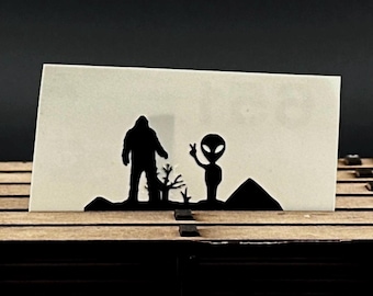 Bigfoot & Alien Vinyl Decal – Cryptid Car Sticker, UFO Decal