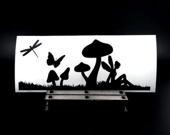 Fairy & Mushroom Vinyl Decal, Cottagecore Car Window Scene with Dragonfly