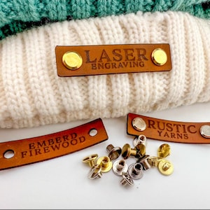 Customized No Sew Genuine Leather Tags for Beanies, Hats, Handmade Products & Crafts – Knit label Tags Engraved with Chicago Screws