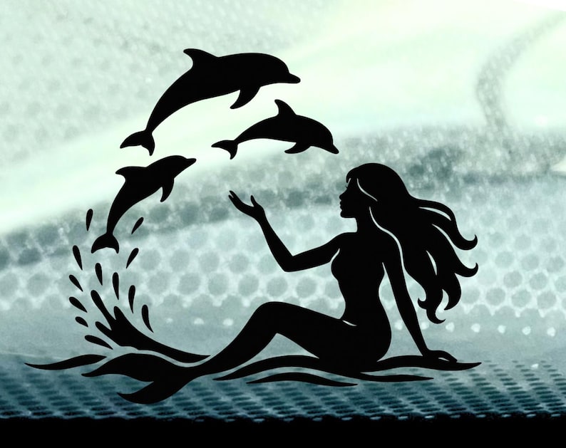 May include: A black silhouette of a mermaid seated in water, with long flowing hair and one arm raised towards three leaping dolphins. Water splashes around the mermaid and dolphins, creating a dynamic scene against a textured background.