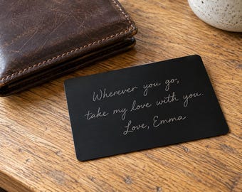 Personalized Handwriting Wallet Card, Black Stainless Steel, Engraved Note Keepsake Gift