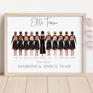 May include: A framed print showing a dance team in black outfits, with diverse hairstyles. The text reads "Elite Team" at the top, followed by names and "2023-2024 DIAMOND K DANCE TEAM" below. The frame is light brown.