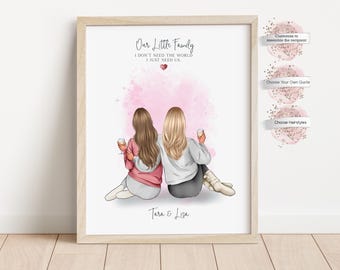 Personalized LGBTQ+ Couple and Pet Portrait ,  Lesbian Couple, Custom Family Illustration, Our Little Family (Digital or Print)