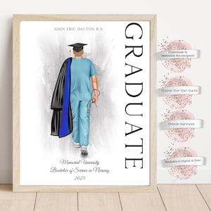 May include: A digital illustration of a graduate wearing a blue nursing uniform, cap and gown, holding a stethoscope. The text "GRADUATE" is in large, bold letters on the right side of the image. The text "JOHN ERIC DALTON R.N." is at the top of the image. The text "Memorial University Bachelor of Science in Nursing 2025" is at the bottom of the image.
