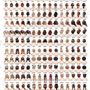 K&ouml;nnte beinhalten: Eine Katalogseite mit 165 Illustrationen von M&auml;dchenfrisuren, nummeriert G1 bis G165. Die Frisuren reichen von Z&ouml;pfen und Dutt bis zu offenen Wellen, mit verschiedenen Haarfarben.