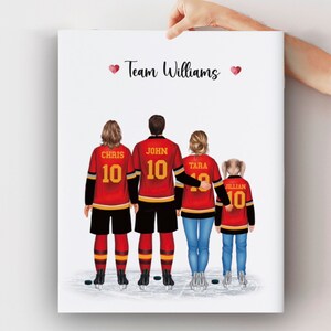 May include: A family of four wearing red, black, and yellow hockey jerseys with the number 10 on the back. The jerseys have the names Chris, John, Tara, and Jillian on the back. The family is standing on a white background with the text "Team Williams" at the top.