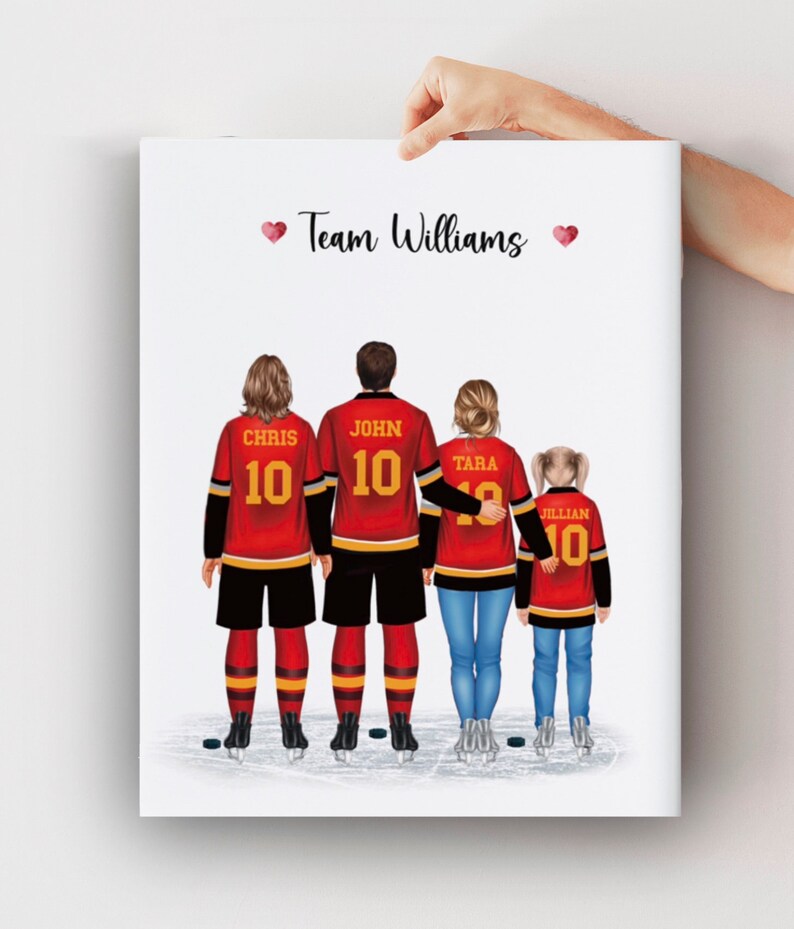 May include: A family of four wearing red, black, and yellow hockey jerseys with the number 10 on the back. The jerseys have the names Chris, John, Tara, and Jillian on the back. The family is standing on a white background with the text "Team Williams" at the top.
