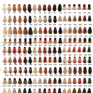 Pu&ograve; includere: Un grafico di 162 diversi stili di capelli per donne. Le acconciature sono mostrate da dietro e sono numerate da B1 a B162. Il testo in alto sul grafico dice "Capelli da donna" e "Vedi https://bit.ly/HairCatalogue2 per altri stili. Tutti gli stili sono disponibili in grigio."