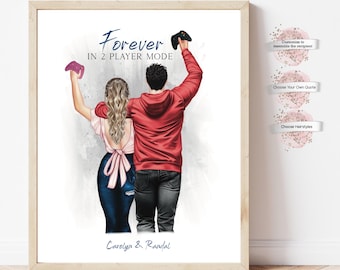 Personalized Gamer Couple Portrait  ,  Video Game Wall Art, Video Games,  Couple Gift (Digital or Print)