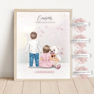 Personalized Toddler Cousins Print, Gift for Cousins, Gift for Siblings Family Portrait, Wall Art, Custom Gift for Cousins Illustration