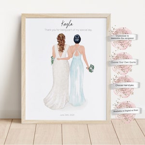 Portrait personnalisé de demoiselle d'honneur, cadeau de remerciement de demoiselle d'honneur, souvenir, cadeau de la mariée, illustration de la mariée