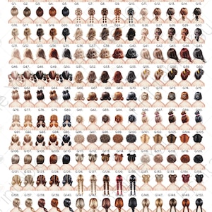 Pu&ograve; includere: Un grafico di 165 diversi stili di capelli per ragazze. Le acconciature sono numerate e disposte in righe. Ogni acconciatura &egrave; di uno stile, colore e lunghezza diversi.