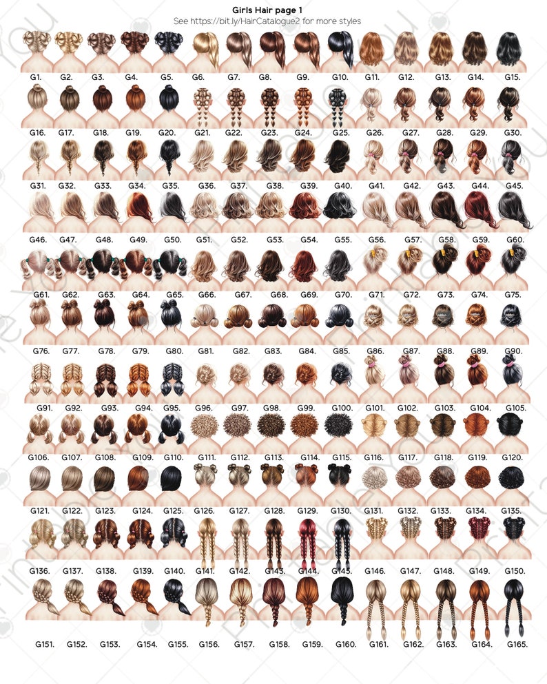 Pu&ograve; includere: Un grafico di 165 diversi stili di capelli per ragazze. Le acconciature sono numerate e disposte in righe. Ogni acconciatura &egrave; di uno stile, colore e lunghezza diversi.