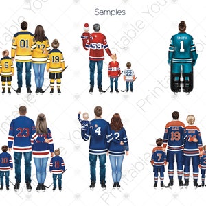 May include: Six illustrated figures wearing hockey jerseys with numbers and names. The figures are arranged in three groups of two. The first group is a couple with the numbers 01 and 22 on their jerseys. The second group is a couple with the numbers 59 and 18 on their jerseys. The third group is a couple with the numbers 19 and 14 on their jerseys. Each group has a child in front of them wearing a hockey jersey with a number. The child in the first group is wearing the number 19, the child in the second group is wearing the number 22, and the child in the third group is wearing the number 3.