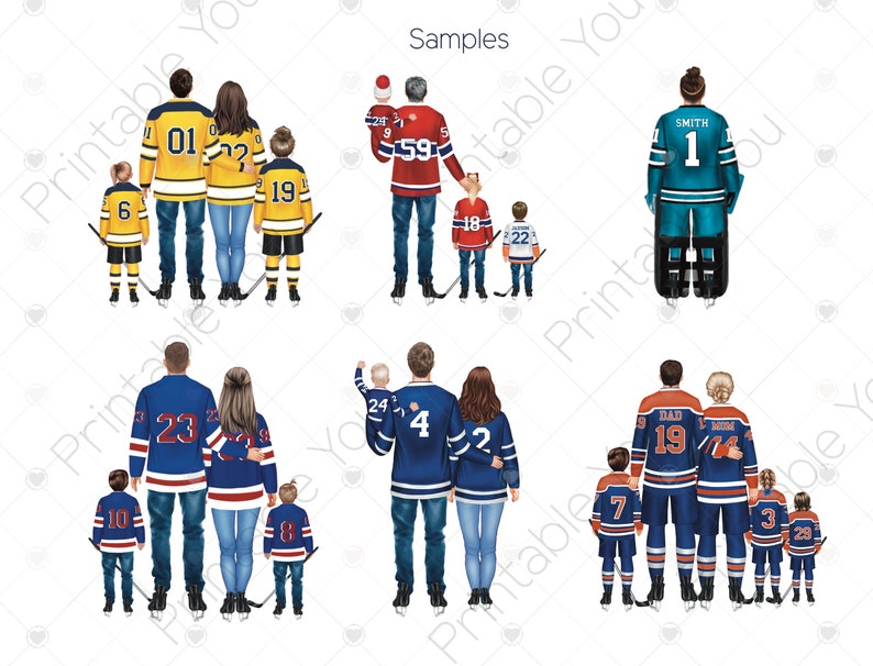 May include: Six illustrated figures wearing hockey jerseys with numbers and names. The figures are arranged in three groups of two. The first group is a couple with the numbers 01 and 22 on their jerseys. The second group is a couple with the numbers 59 and 18 on their jerseys. The third group is a couple with the numbers 19 and 14 on their jerseys. Each group has a child in front of them wearing a hockey jersey with a number. The child in the first group is wearing the number 19, the child in the second group is wearing the number 22, and the child in the third group is wearing the number 3.