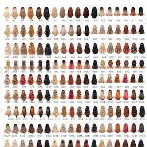 K&ouml;nnte beinhalten: Ein Katalog von Damenfrisuren mit 162 verschiedenen Frisuren in verschiedenen Farben und L&auml;ngen. Das Bild enth&auml;lt den Text "Women's Hair" und einen Link, um weitere Stile zu sehen.