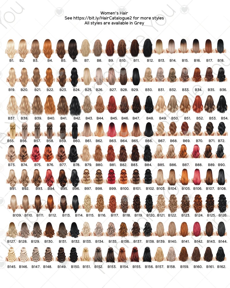 K&ouml;nnte beinhalten: Ein Katalog von Damenfrisuren mit 162 verschiedenen Frisuren in verschiedenen Farben und L&auml;ngen. Das Bild enth&auml;lt den Text "Women's Hair" und einen Link, um weitere Stile zu sehen.