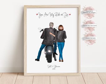 Personalized Motorcycle Couple Print, Biker Gift, Anniversary Gift, Biker Couple (Digital or Print)