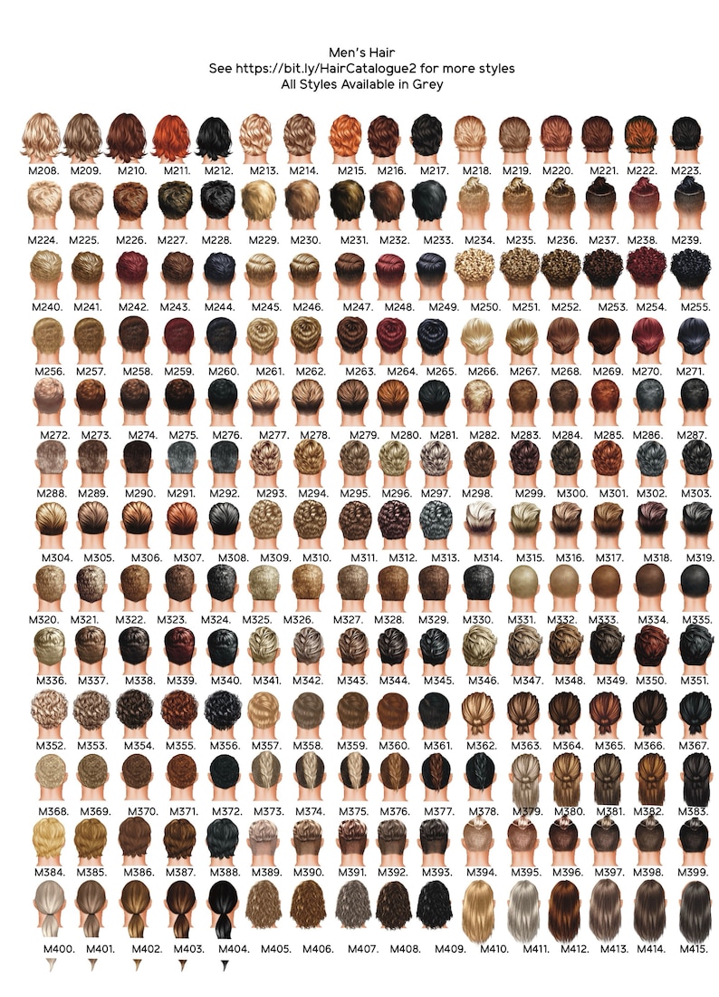 K&ouml;nnte beinhalten: Ein Raster von Illustrationen, die verschiedene Frisuren f&uuml;r M&auml;nner zeigen, jeweils mit einem eindeutigen Code versehen. Das Bild enth&auml;lt den Text "Men's Hair" und einen Link zu einer Website f&uuml;r weitere Stile, alle in Grau erh&auml;ltlich.