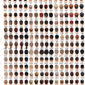K&ouml;nnte beinhalten: Eine &Uuml;bersicht von 207 Illustrationen von Herrenfrisuren, jede nummeriert. Die Stile variieren in Farbe und L&auml;nge, einschlie&szlig;lich kurzer, langer und strukturierter Optionen. Der Text "Men's Hair" und ein Weblink befinden sich oben.