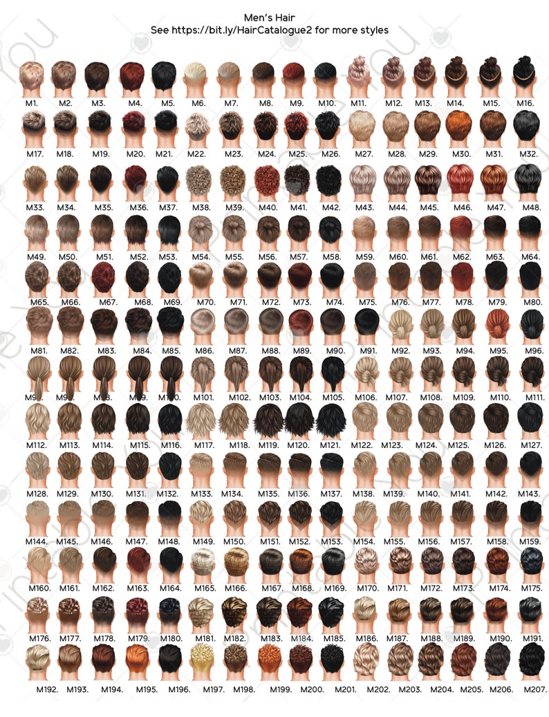 K&ouml;nnte beinhalten: Eine &Uuml;bersicht von 207 Illustrationen von Herrenfrisuren, jede nummeriert. Die Stile variieren in Farbe und L&auml;nge, einschlie&szlig;lich kurzer, langer und strukturierter Optionen. Der Text "Men's Hair" und ein Weblink befinden sich oben.