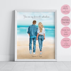 Personalized Couple on the Beach Portrait, Personalized Couple Illustrations, Gift for Couple, Anniversary Gift, Gift for Her, Gift for Him