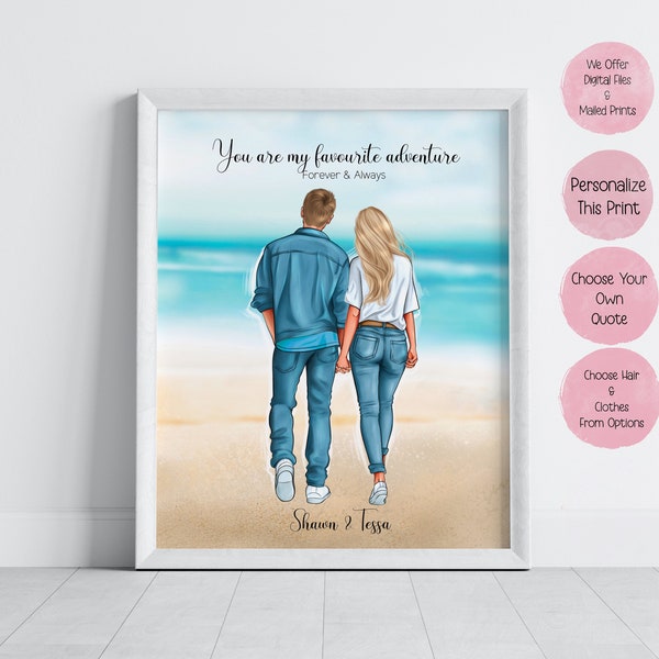 Personalized Couple on the Beach Portrait, Custom Couple Illustrations, Wall Art Gift, Gift for Couple, Wedding Gift, Shower Gift