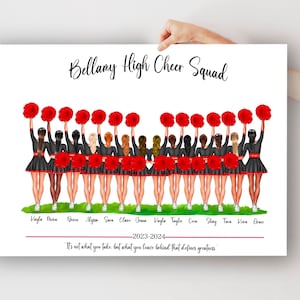Puede incluir: Una ilustración digital de un equipo de animadoras de secundaria. Las animadoras llevan uniformes negros y rojos y sostienen pompones rojos. El texto "Bellany High Cheer Squad" está en la parte superior de la imagen. El texto "2023-2024" y la cita "No es lo que tomas, sino lo que dejas atrás lo que define la grandeza." están en la parte inferior de la imagen.