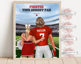 May include: A digital illustration of a couple in a football stadium. The woman is wearing a red and white cheerleader outfit with the word "TIGERS" on it. The man is wearing a red jersey with the name "TAYLOR" and the number "7" on it. The text "FOREVER YOUR BIGGEST FAN" is at the top of the image. The text "Ella & Sam" is below the main text.