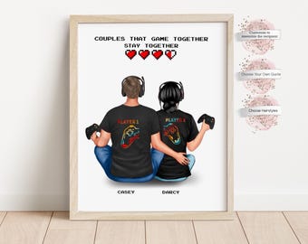 Personalized Gamer Couple Print, Custom Anniversary Gift, Video Game Couple, Wall Art, Gift for Gamer (Digital or Print)