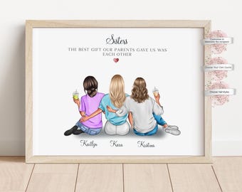 Personalized Sibling Print, 3 Sisters,  Custom Family Portrait, Gift for Sisters, Family Portrait (Digital or Print)