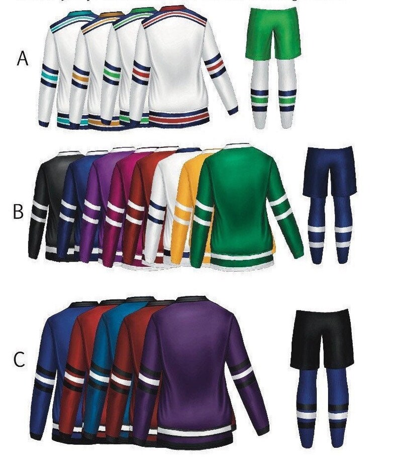 K&ouml;nnte beinhalten: Eine Sammlung von Hockey-Trikots in verschiedenen Farben, darunter Wei&szlig;, Schwarz, Blau, Lila, Rot und Gr&uuml;n. Jedes Trikot hat kontrastierende Streifen an den &Auml;rmeln und am Saum. Passende Shorts und Socken sind ebenfalls abgebildet.