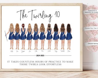 Personalized Baton Twirling Team Portrait, Twirler Team  Print, Gift for Twirler, Baton Twirling, Majorettes, Custom Uniform Included