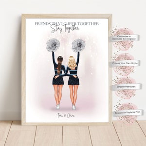 May include: A digital illustration of two cheerleaders holding pom-poms with the text "FRIENDS THAT CHEER TOGETHER Stay Together" and "Tara & Claire".