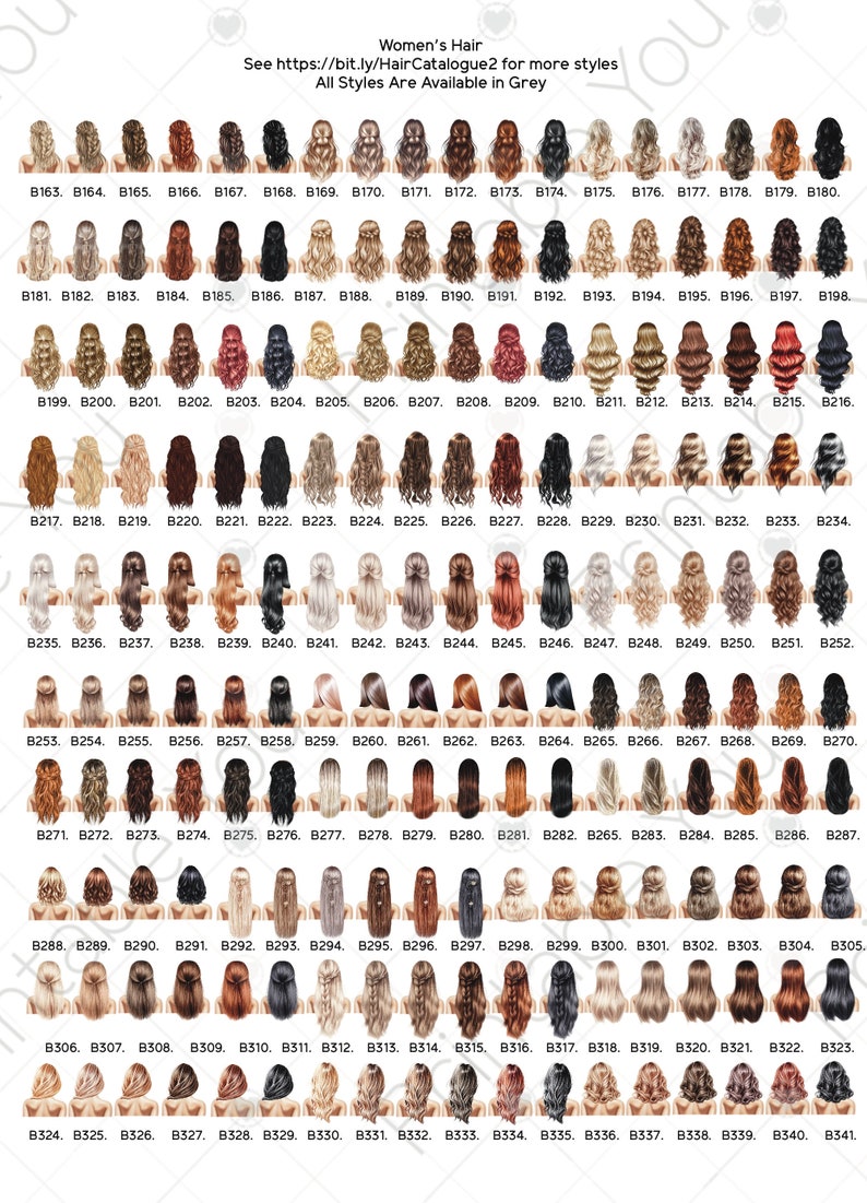 K&ouml;nnte beinhalten: Ein Raster mit verschiedenen Frisuren f&uuml;r Frauen, jeweils mit einem eindeutigen Code versehen. Das Bild zeigt eine Vielzahl von Frisuren, darunter lange, kurze, wellige und glatte, in verschiedenen Farben. Text oben weist auf weitere verf&uuml;gbare Stile hin.