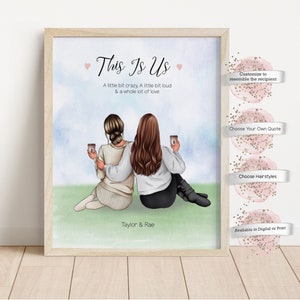 Impression personnalisée meilleurs amis, cadeau d'amis personnalisé, illustration de soeurs, amis avec du café, impression d'amitié, cadeau d'anniversaire BFF