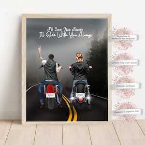 Personalized Biker Couple Print,  Motorcycle Riders Gift