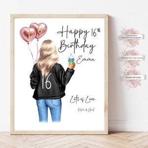 Impression cadeau joyeux 16e anniversaire, cadeau d'anniversaire important, portrait personnalisé de joyeux anniversaire, cadeau pour elle, cadeau d'anniversaire, carte d'anniversaire