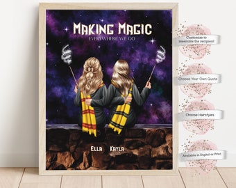 Personalized Wizard Besties Portrait  , Wizard School Best Friends Gift, Making Magic Wherever We Go, Witches, Wizards (Digital or Print)