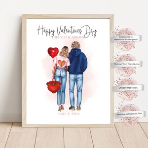 Personalized Couple Portrait , Happy Valentines Day, Valentines Day Couple Poster, Valentines Day Gift for her, Gift for Him, Gift for Her
