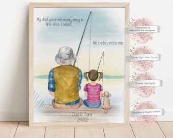 Puede incluir: Una ilustración de acuarela de un padre y una hija pescando juntos. El padre lleva un sombrero marrón y un chaleco amarillo. La hija lleva una camisa rosa y pantalones vaqueros azules. Están sentados en un muelle de madera con un perro pequeño a su lado. El texto "Mi papá me dio todo lo que necesitaba en la vida. Él creía en mí." está escrito encima de la ilustración. El texto "Dad & Tara 2022" está escrito debajo de la ilustración.