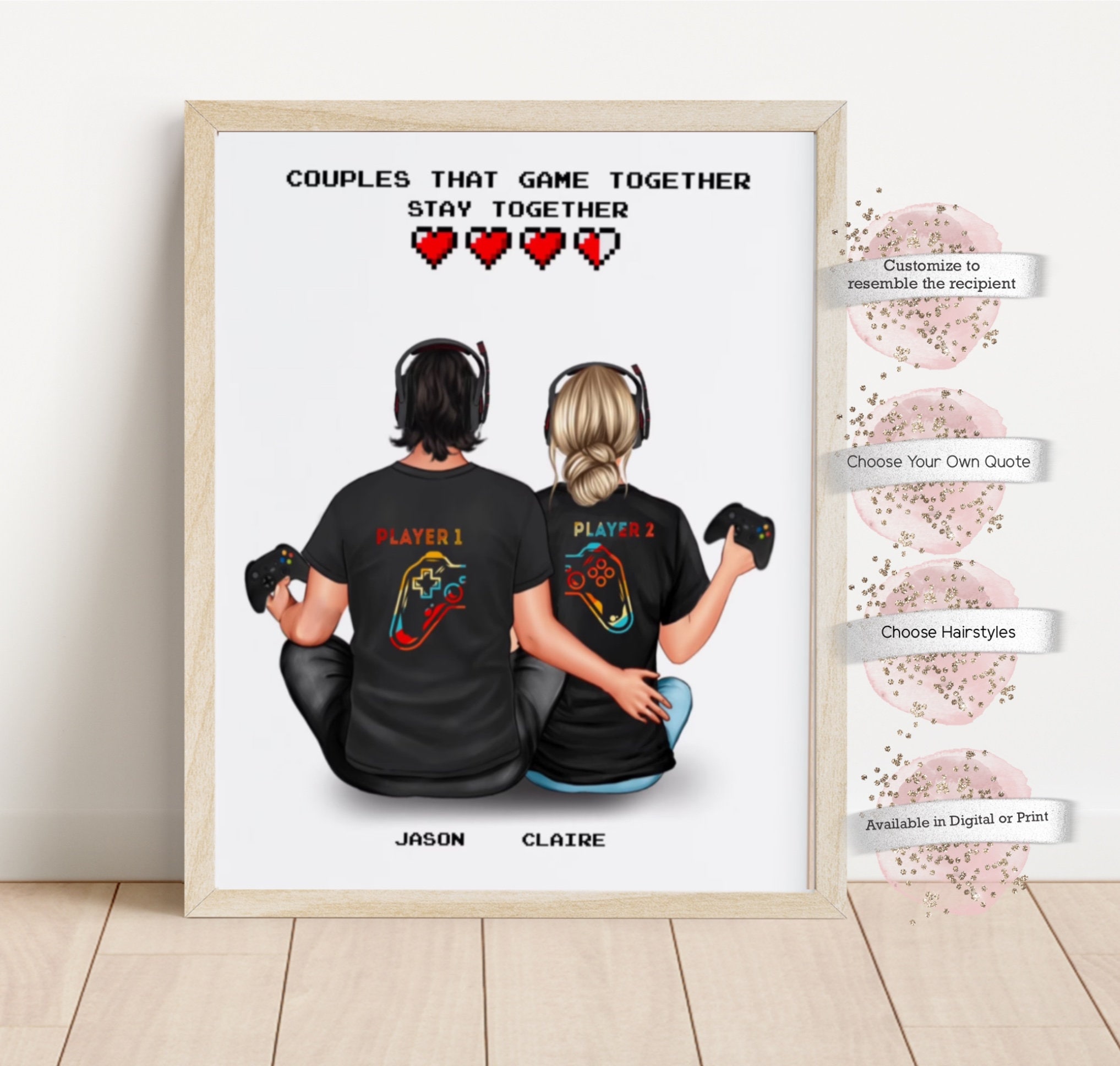 Personalized Video Gamer Couple Print, Video Game Couples Gift, Gift for Boyfriend , Printable, Customized Couple Gift, Anniversary Gift