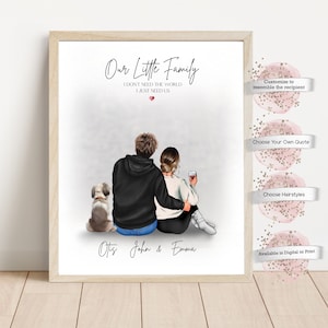 Personalized Couple Portrait with Pet, Our Little Family Couple Wall Art, Couple With Pets Illustration, Wall Art Gift