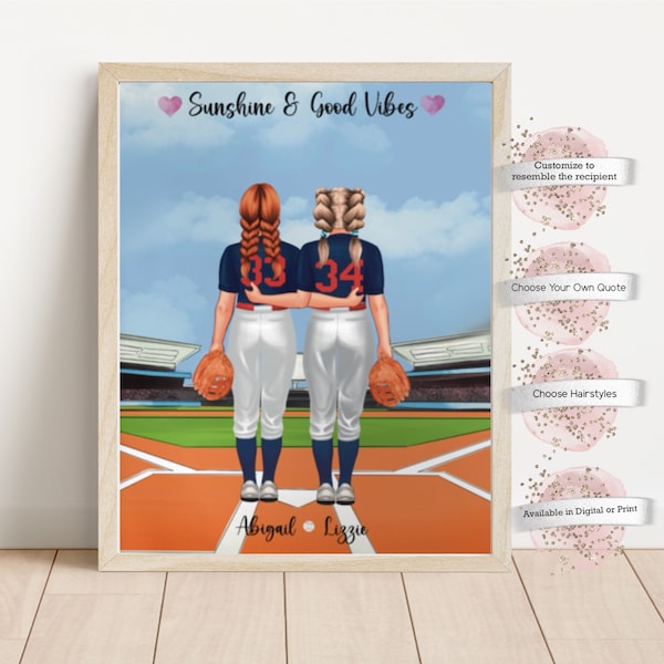 Custom Softball Besties, Sports Gifts, Gift for Her, Softball Player, Girls Softball Illustration, Girls Baseball Friends