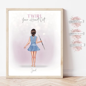 Personalized Baton Twirling Print Portrait, Personalized Twirler Print, Gift for Baton Twirler, Baton Twirling