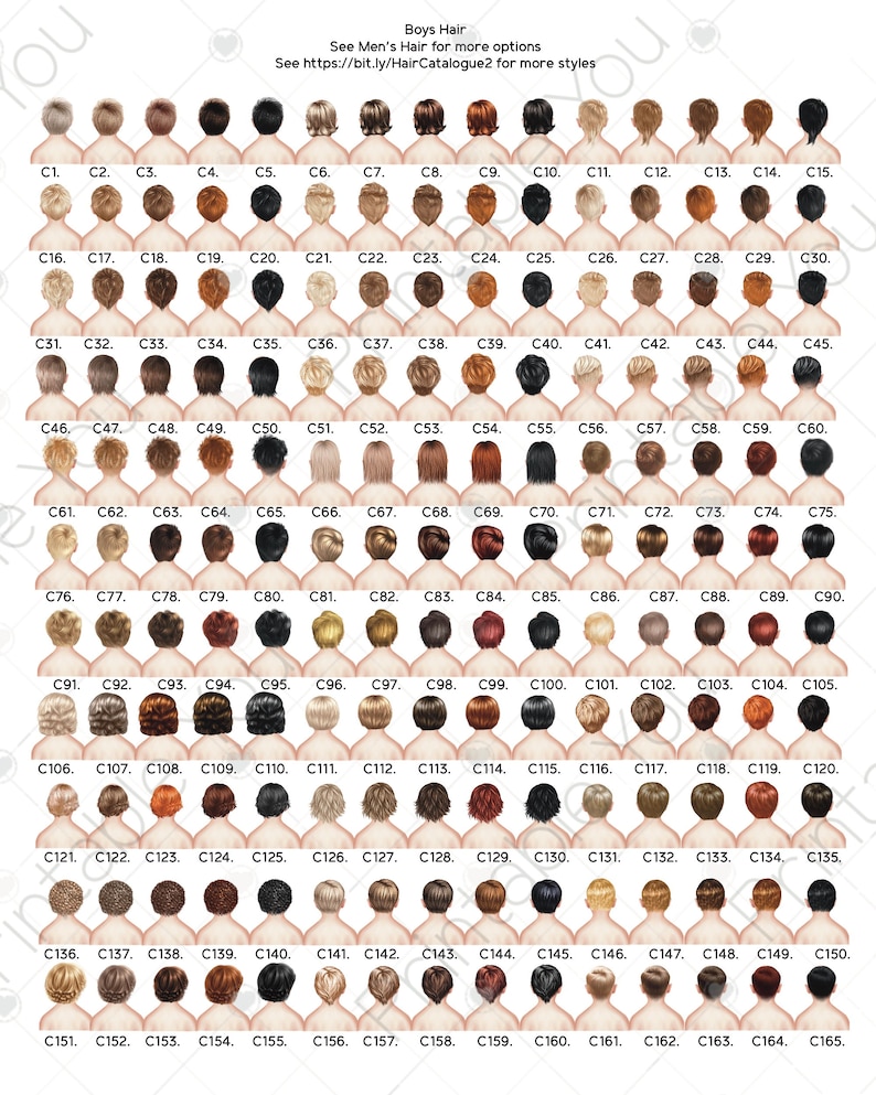 Pu&ograve; includere: Un grafico di 165 diversi stili di capelli per ragazzi. Le acconciature sono mostrate dalla parte posteriore della testa. Le acconciature sono numerate da C1 a C165.