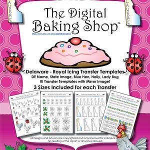 Delaware - Plantillas de transferencia de glaseado real con nombre de DE, imagen del estado, gallina azul, mariquita, acebo, plantillas de transferencia de RI con imagen reflejada. Digital
