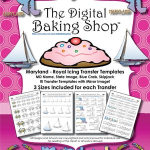 May include: A pink and purple flyer for The Digital Baking Shop, featuring Maryland-themed royal icing transfer templates. The design includes images of sailboats, crabs, and a cake with a cherry on top. Text includes "Maryland" and shop details.