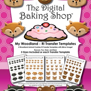 Könnte beinhalten: Digitaler Download von vier Waldtier-Cookie-Transfer-Vorlagen. Die Vorlagen zeigen einen Waschbär, einen Fuchs, einen Hirsch und einen Bären. Die Vorlagen sind in drei Größen erhältlich. Der Text "The Digital Baking Shop" befindet sich oben im Bild.
